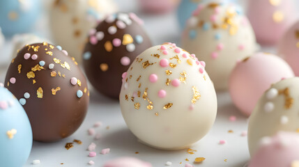Fototapeta premium Easter eggs filled with a delicious combination of white and dark chocolate, delicately decorated with pastel-colored sprinkles and gold leaf accents for a luxurious touch to your celebration.