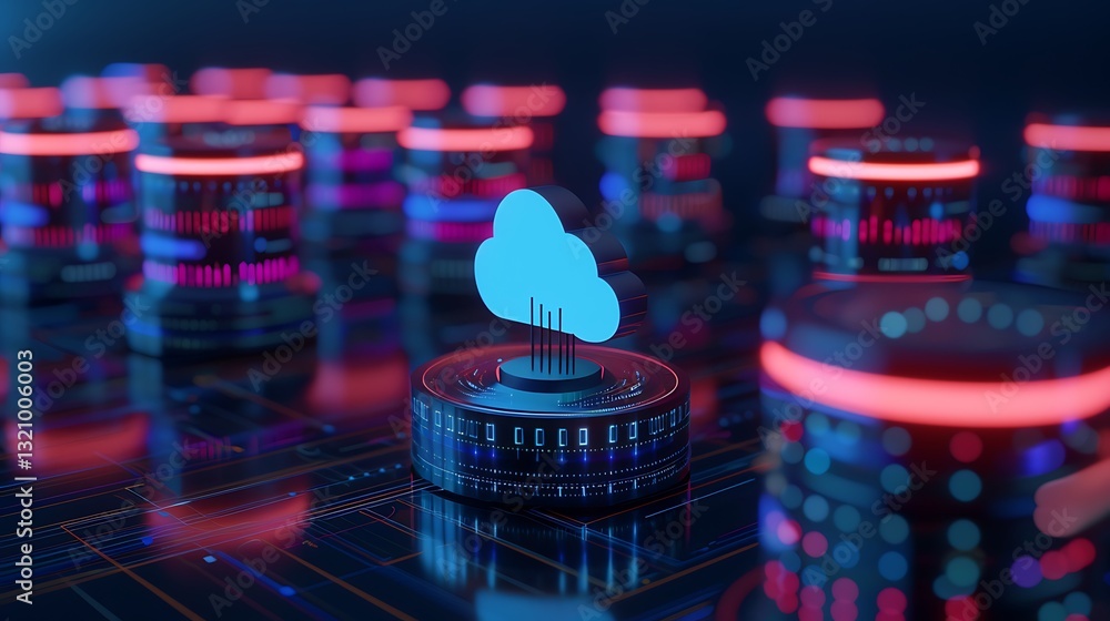 Aufkleber digital cloud storage concept with network connections and futuristic data circuits in neon colors
