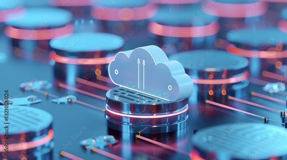 Aufkleber digital cloud technology concept with abstract data storage elements and futuristic neon effects