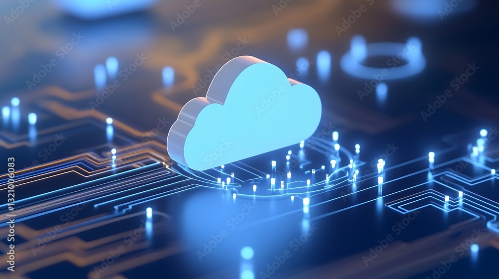 Poster digital cloud technology concept with circuit patterns and glowing lights in modern abstract backgro