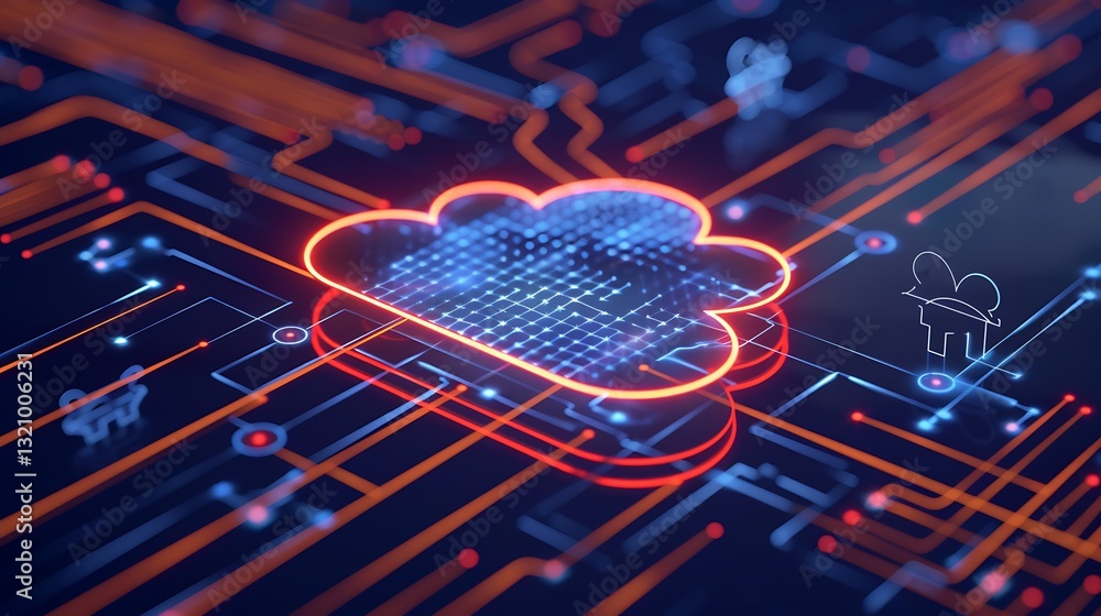 Poster digital cloud technology with circuit connections and data network illustrations in blue and orange 