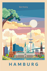 Hamburg City landmarks retro sunset poster design, Germany