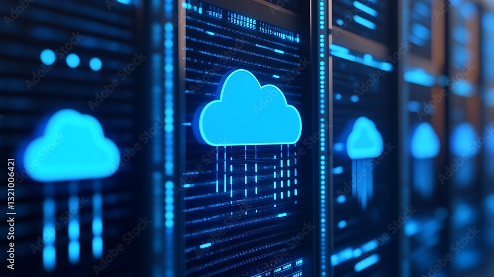 Poster digital representation of cloud computing with rainfall over futuristic data servers in blue neon li
