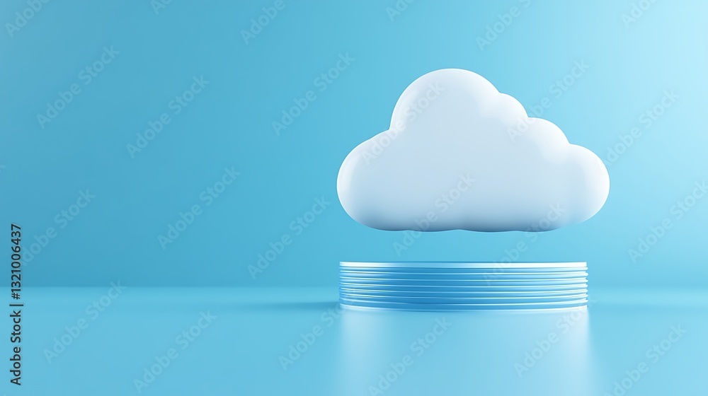 Poster floating 3d cloud over circular base with soft blue background for digital and technology concepts