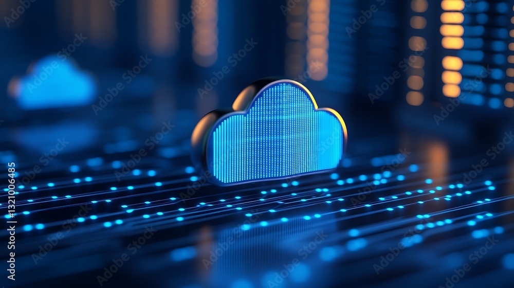 Poster digital representation of cloud computing technology with blue glow and data streams visualization