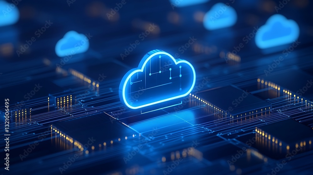 Poster futuristic blue cloud computing concept with digital circuit and neon glow in high-tech environment