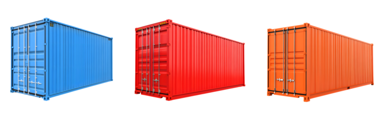 Large freight containers in blue, red, and orange colors, isolated on transparency background, showcasing their industrial design and versatility for shipping and storage needs