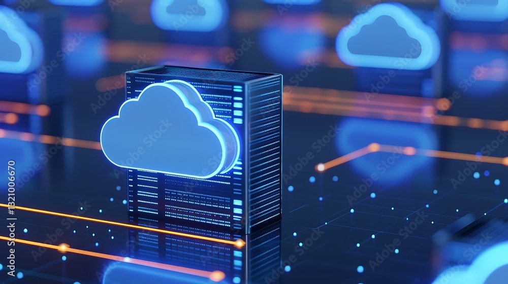 Poster futuristic cloud computing concept with blue neon elements and data flow visualization in digital ne