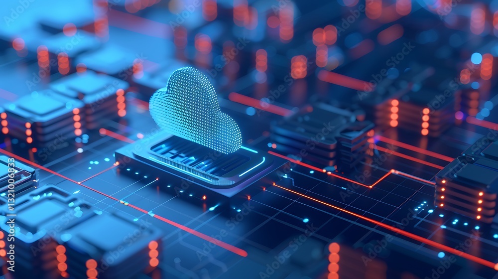 Poster futuristic cloud computing concept with circuit board and neon lights for technology, innovation and