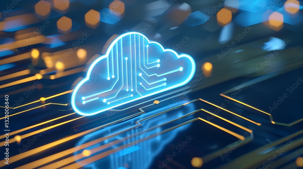 Poster futuristic cloud computing concept with circuit board design and glowing elements for technological 