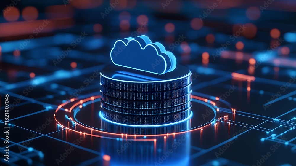Poster futuristic cloud computing concept with data storage and neon design in digital environment