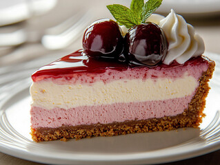 AI generated beautifully garnished cherry cheesecake slice served as a plated dessert with a creamy texture and a delicious fruit topping ideal for special occasions and sweet lovers everywhere