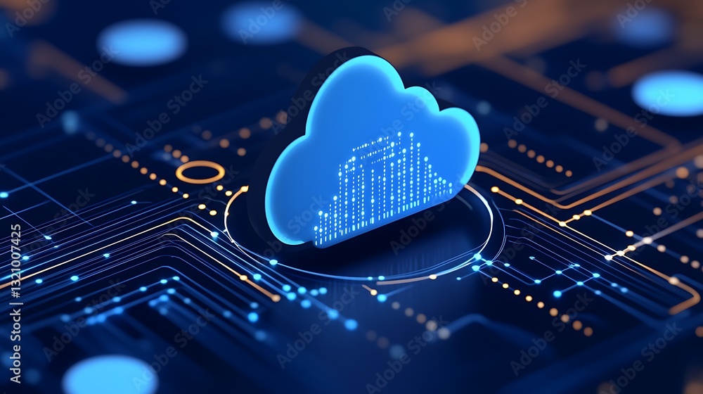 Poster futuristic cloud computing concept with digital data visualization on circuit board background