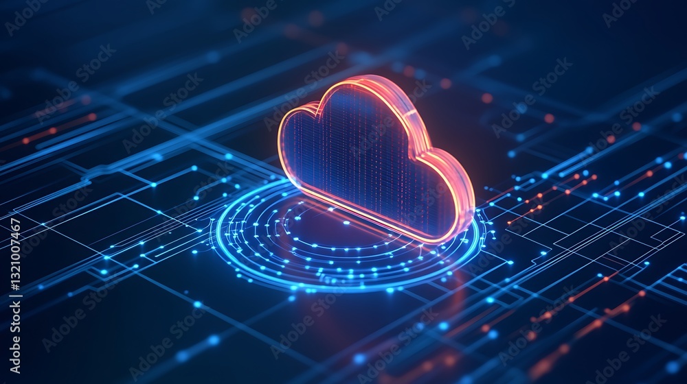 Poster futuristic cloud computing concept with digital interface and technology background in neon style