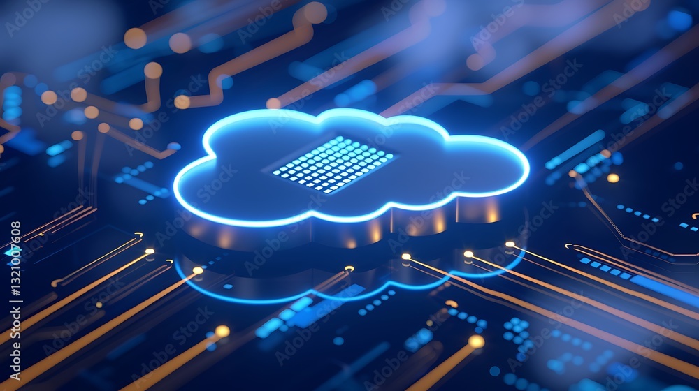 Poster futuristic cloud computing concept with glowing circuits and digital patterns over a dark background