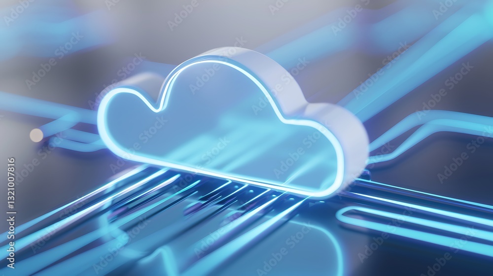 Poster futuristic cloud computing concept with glowing lines and technology background for digital solution