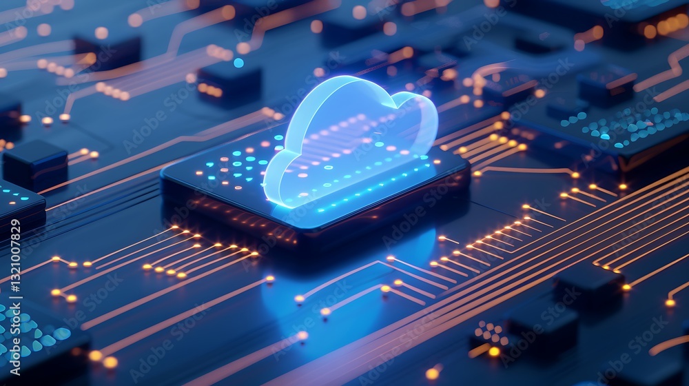 Poster futuristic cloud computing concept with neon circuit board, data transfer and technology visuals in 