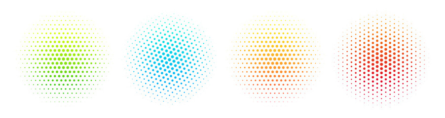 Halftone effect dotted gradient colorful circles set. Isolated vector dotted spots technology design elements