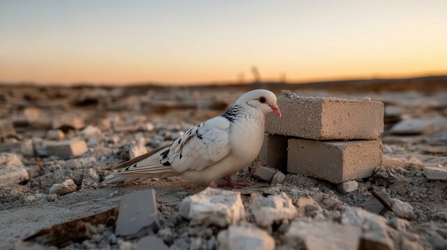 A beautiful white pigeon stands near concrete blocks amid debris, showcasing resilience in a landscape marked by change and decay during sunset's warm glow.