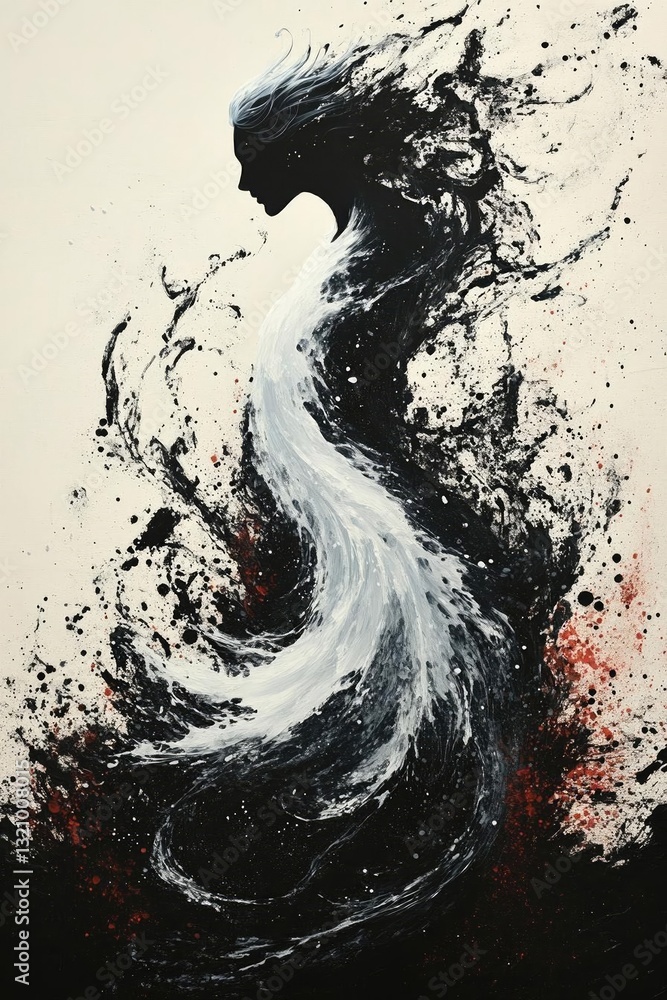 Poster abstract representation of a flowing figure emerging from a chaotic blend of black and red paint