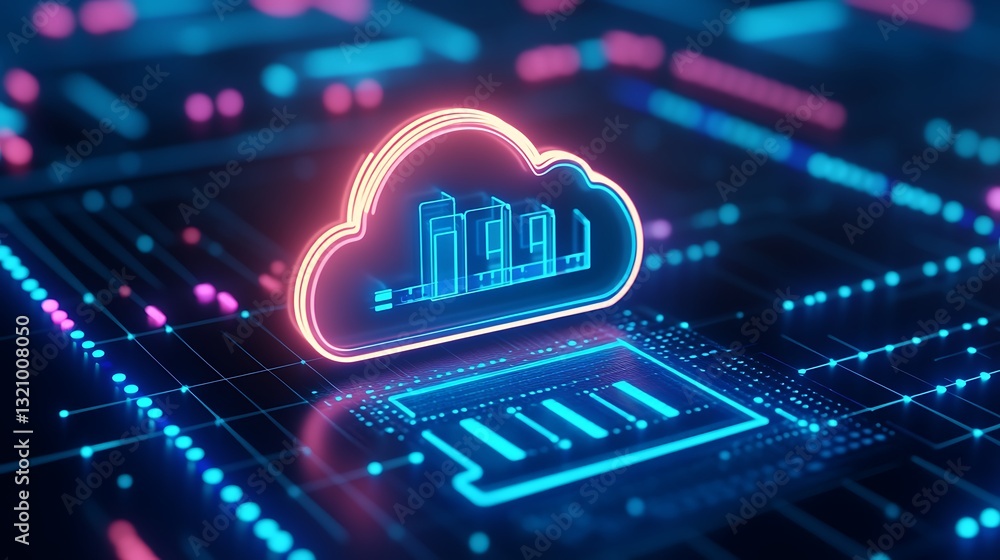 Poster futuristic cloud computing concept with neon lights and circuit patterns for digital technology them