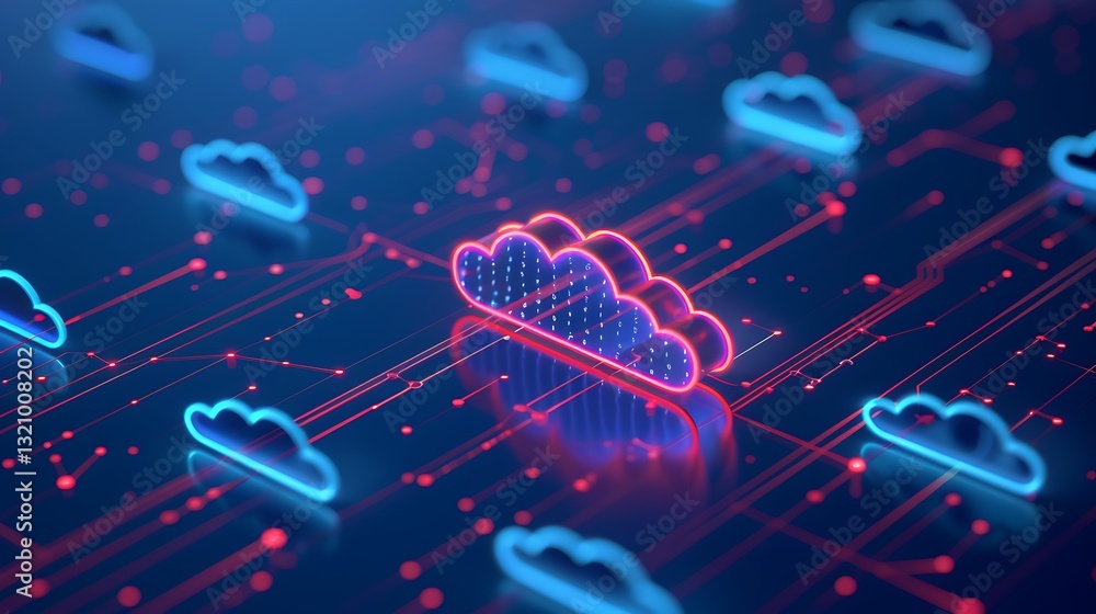 Poster futuristic cloud computing concept with neon lights and digital circuit patterns on a modern backgro