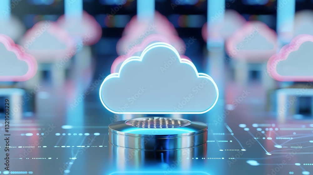 Poster futuristic cloud computing concept with neon lights and digital circuit background in modern data ce