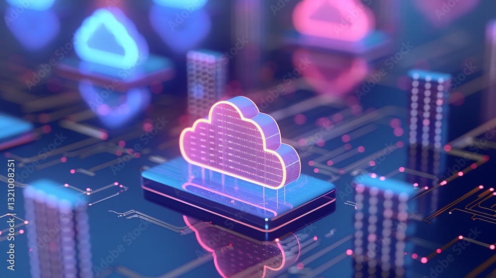Poster futuristic cloud computing concept with neon lights and digital data circuits in blue and pink tones