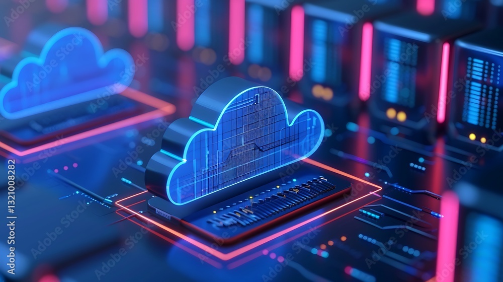 Poster futuristic cloud computing concept with neon lights and digital data integration for technology and 