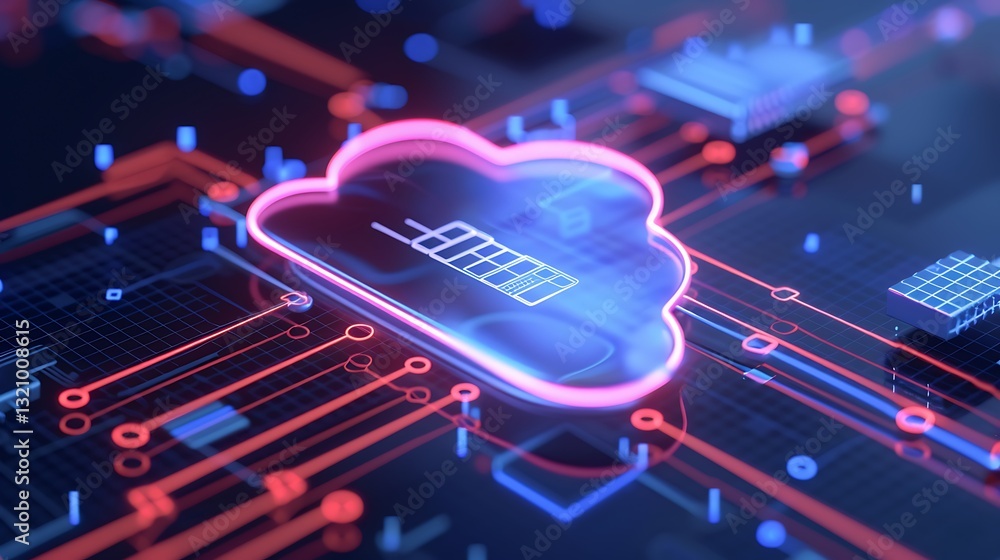 Poster futuristic cloud computing design with neon lights and circuit patterns for digital technology repre