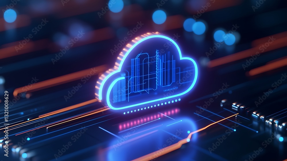 Poster futuristic cloud computing design with neon lights and data visualization elements for digital conce