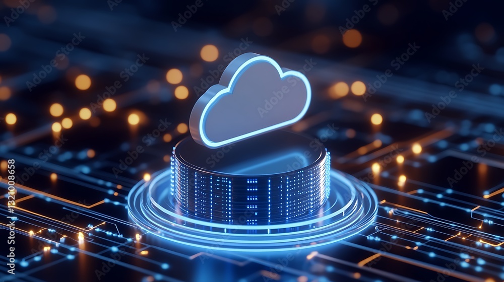 Poster Futuristic Cloud Computing Icon on Abstract Digital Circuit Background with Bokeh Lights and Data Flow
