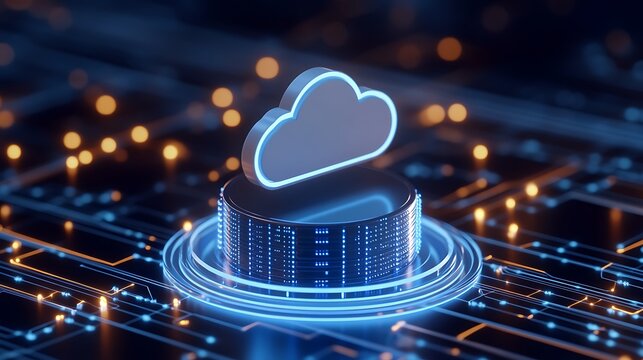 Futuristic Cloud Computing Icon on Abstract Digital Circuit Background with Bokeh Lights and Data Flow