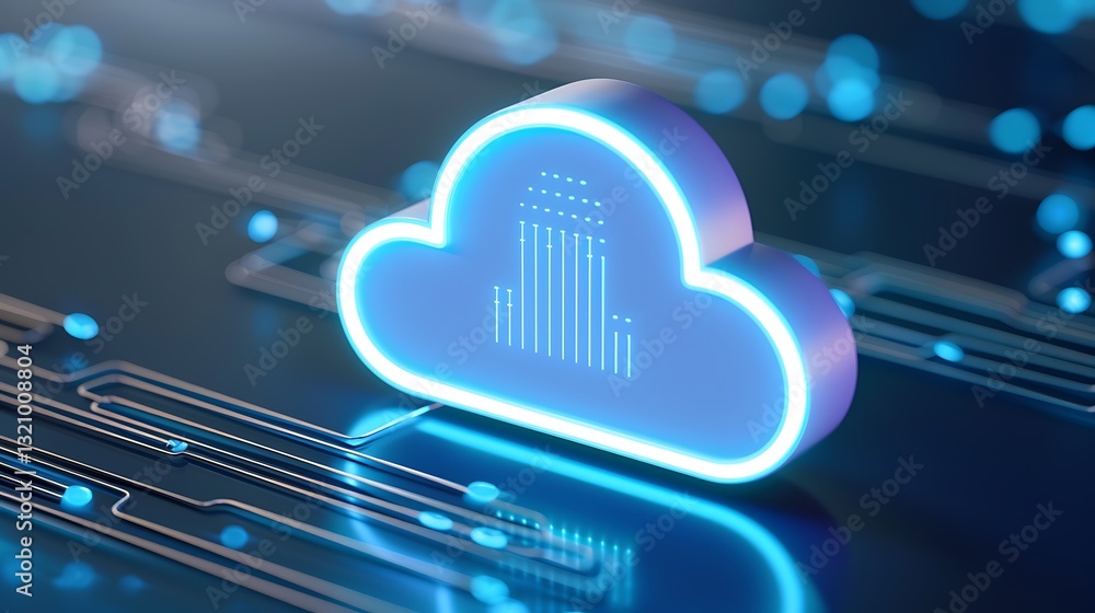 Poster futuristic cloud computing technology with glowing blue elements and data lines on a digital backgro