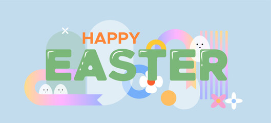 Obraz premium Happy Easter minimalistic banner with colored shapes on a blue background. Holiday covers, posters, banners, greeting banner for Easter.