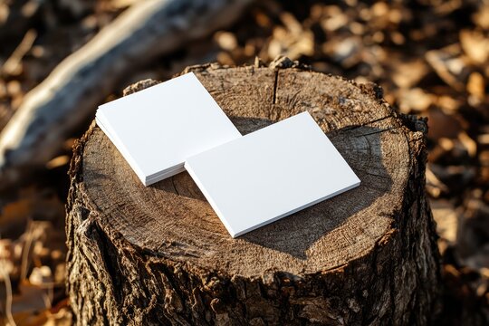 Blank business cards on a tree stump (1)