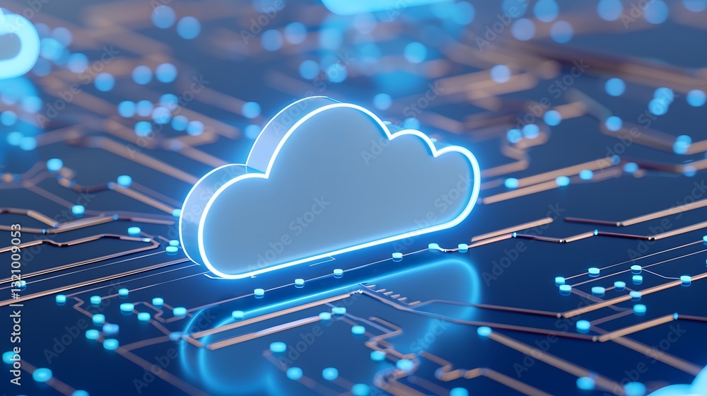 Poster futuristic cloud icon on digital circuit board with glowing blue elements in technology and data con