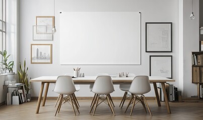 Modern, bright meeting room with blank canvas, perfect for presentations