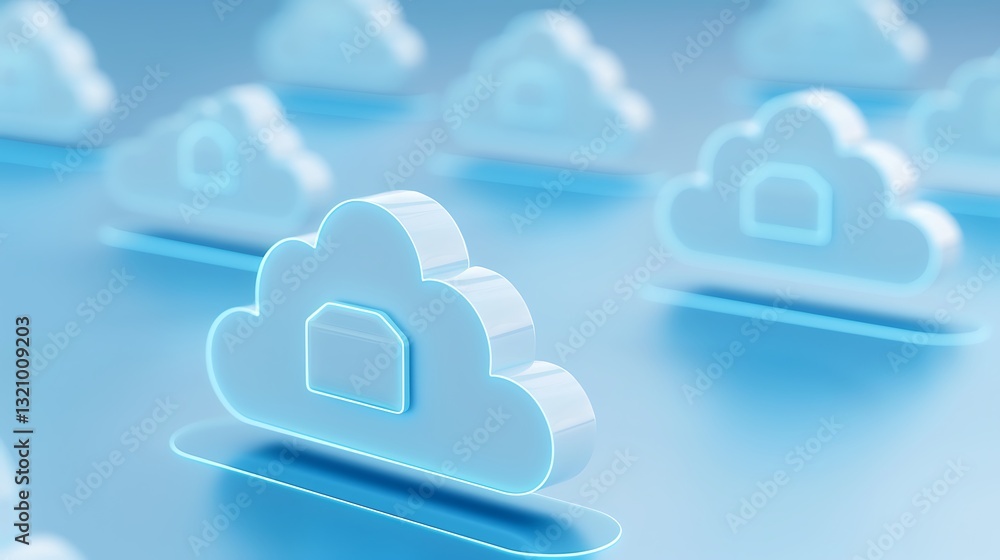 Poster futuristic cloud icons with glowing edges on a soft blue background for technology or digital concep