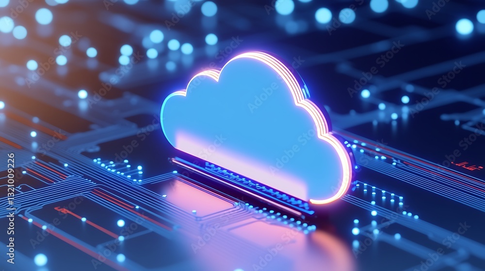 Poster futuristic cloud icon on circuit board with glowing blue elements representing digital storage and t