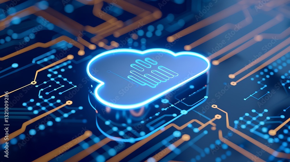 Poster futuristic cloud storage concept with digital circuit board and data graphic visualization on dark b