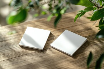 Two blank square notepads on a wooden table, bathed in natural sunlight, with greenery in the background