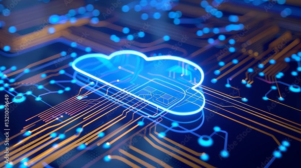 Poster futuristic cloud technology concept with circuit patterns and blue lighting on dark background