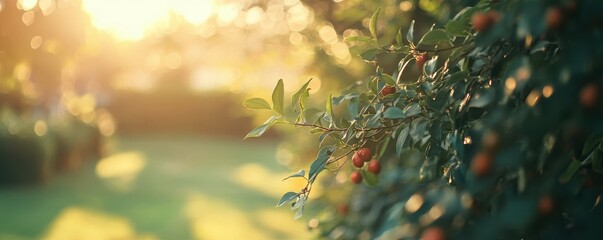 Sunlit garden with cherry tree branches at golden hour