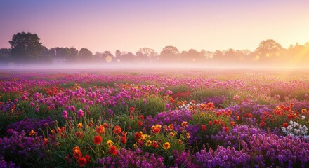 Obraz premium Vibrant flower field at sunrise with mist and soft light in background