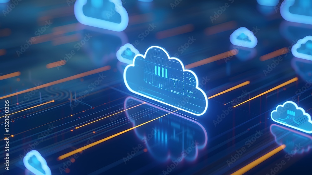 Poster futuristic concept of cloud computing with glowing data streams and digital information lines in a m