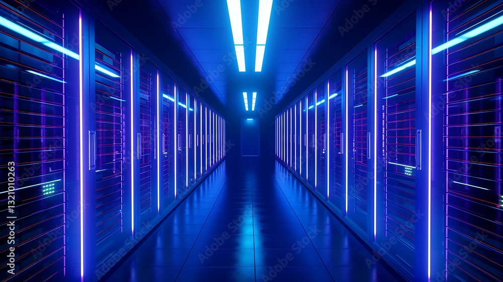 Poster futuristic data center corridor with neon lights and high-tech server racks illuminated in blue and 