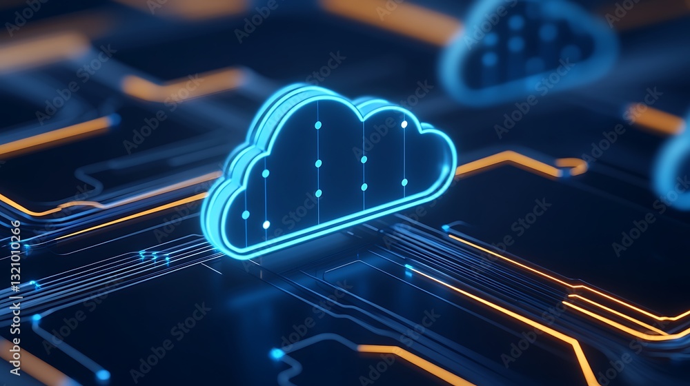 Poster futuristic concept of cloud computing with neon light effects and circuit board background