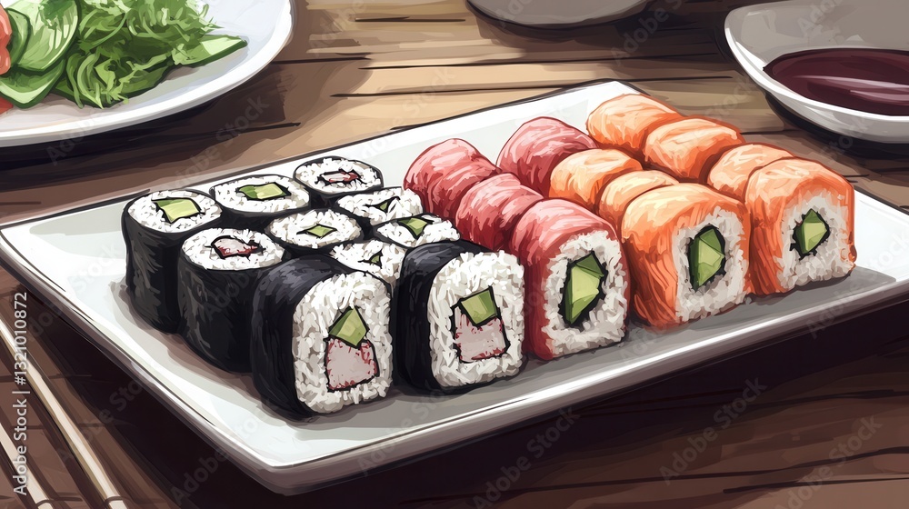 Poster sushi plate featuring spicy tuna and assorted rolls on a wooden table in an elegant setting