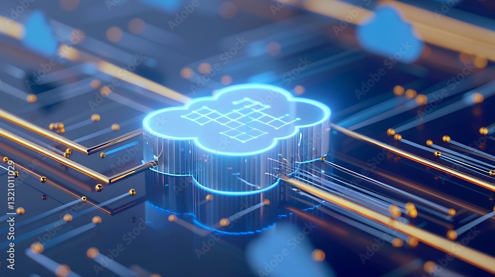 Poster futuristic digital cloud concept with neon lights and circuit board elements in a technology backgro